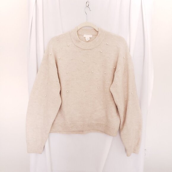 H&M Beige Long Sleeve Comfy Pearl Round Neck Sweater Size Small - Picture 1 of 16